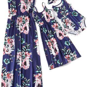 Mommy and Me Dress Set Floral Summer Beach Sleeveless with Headband